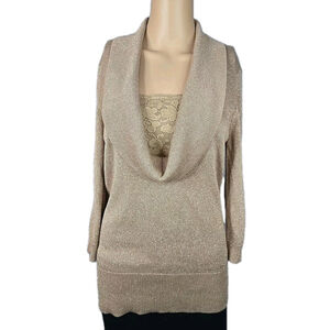 Alfani Women's Gold Metallic Shimmer Cowl Neck 3/4 Sleeve Sweater Size Medium